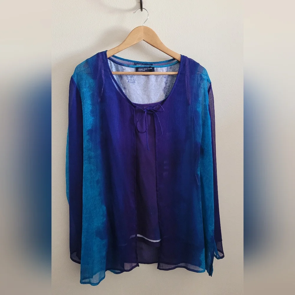 JNY Gauzy Open Top over Cotton Blend Tank Top, Women's XL, Blue & Purple Tie Dye - Picture 1 of 16
